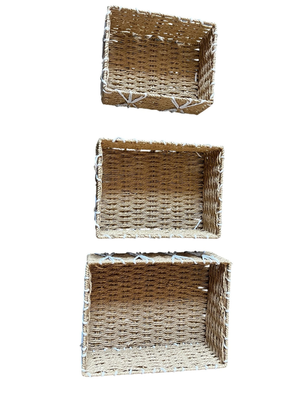 Trio de cestas de almacenamiento de bandeja poco profunda de cuerda de papel de tres piezas, beige, tamaño grande 37*27*8 cm