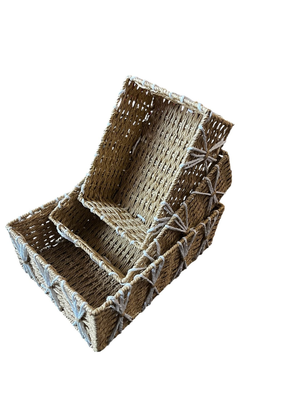 Trio de cestas de almacenamiento de bandeja poco profunda de cuerda de papel de tres piezas, beige, tamaño grande 37*27*8 cm