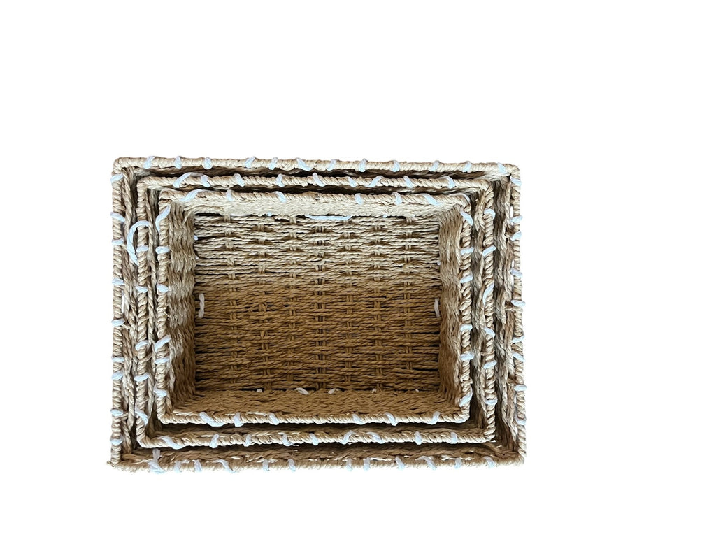 Trio de cestas de almacenamiento de bandeja poco profunda de cuerda de papel de tres piezas, beige, tamaño grande 37*27*8 cm