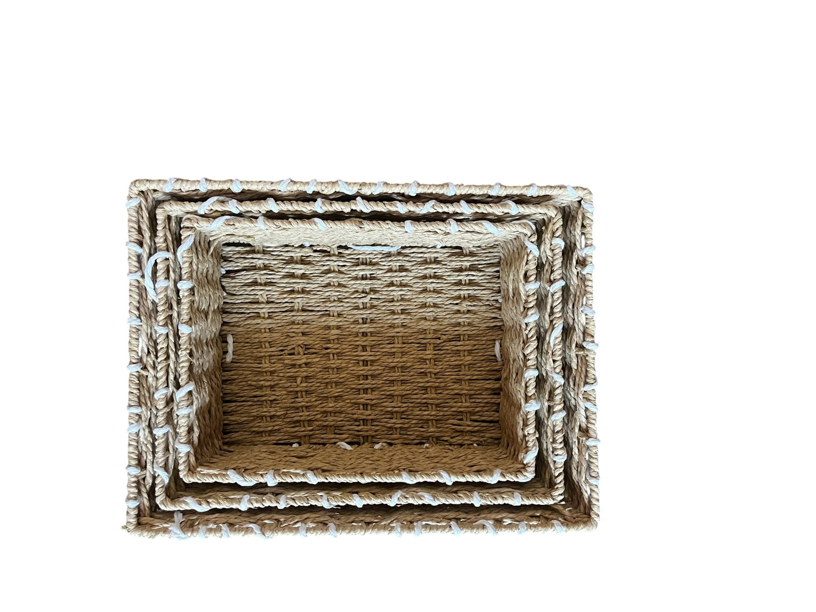 Trio de cestas de almacenamiento de bandeja poco profunda de cuerda de papel de tres piezas, beige, tamaño grande 37*27*8 cm