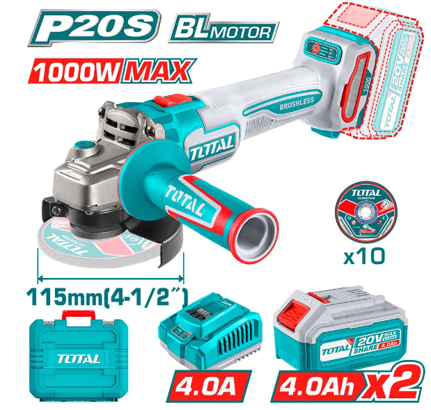 Esmeril Angular Brushless 115mm 20V 1000W + 2 Baterías 4.0Ah y Cargador