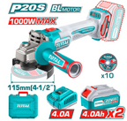 Esmeril Angular Brushless 115mm 20V 1000W + 2 Baterías 4.0Ah y Cargador