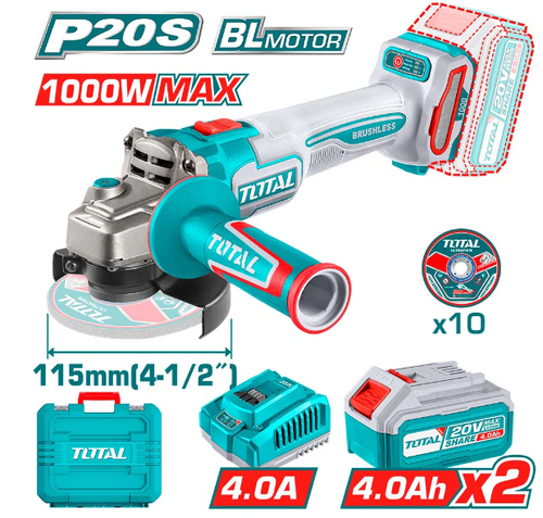 Esmeril Angular Brushless 115mm 20V 1000W + 2 Baterías 4.0Ah y Cargador