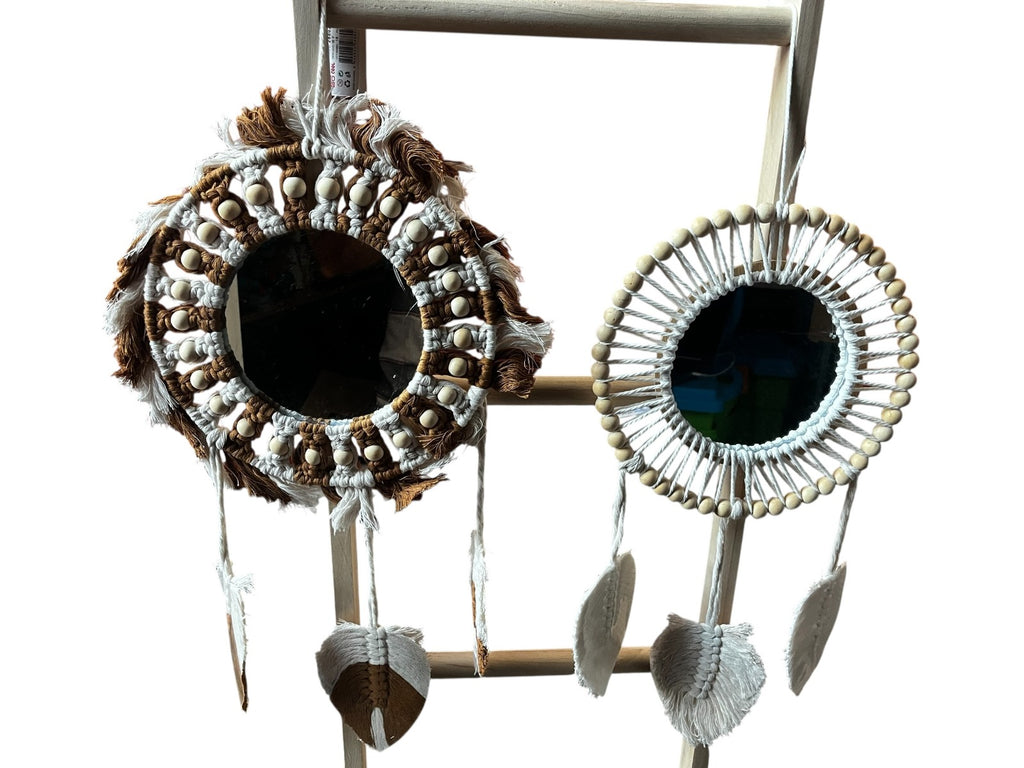 Espejo Redondo Decorativo con Marco de Macramé y Plumas - Estilo Boho
