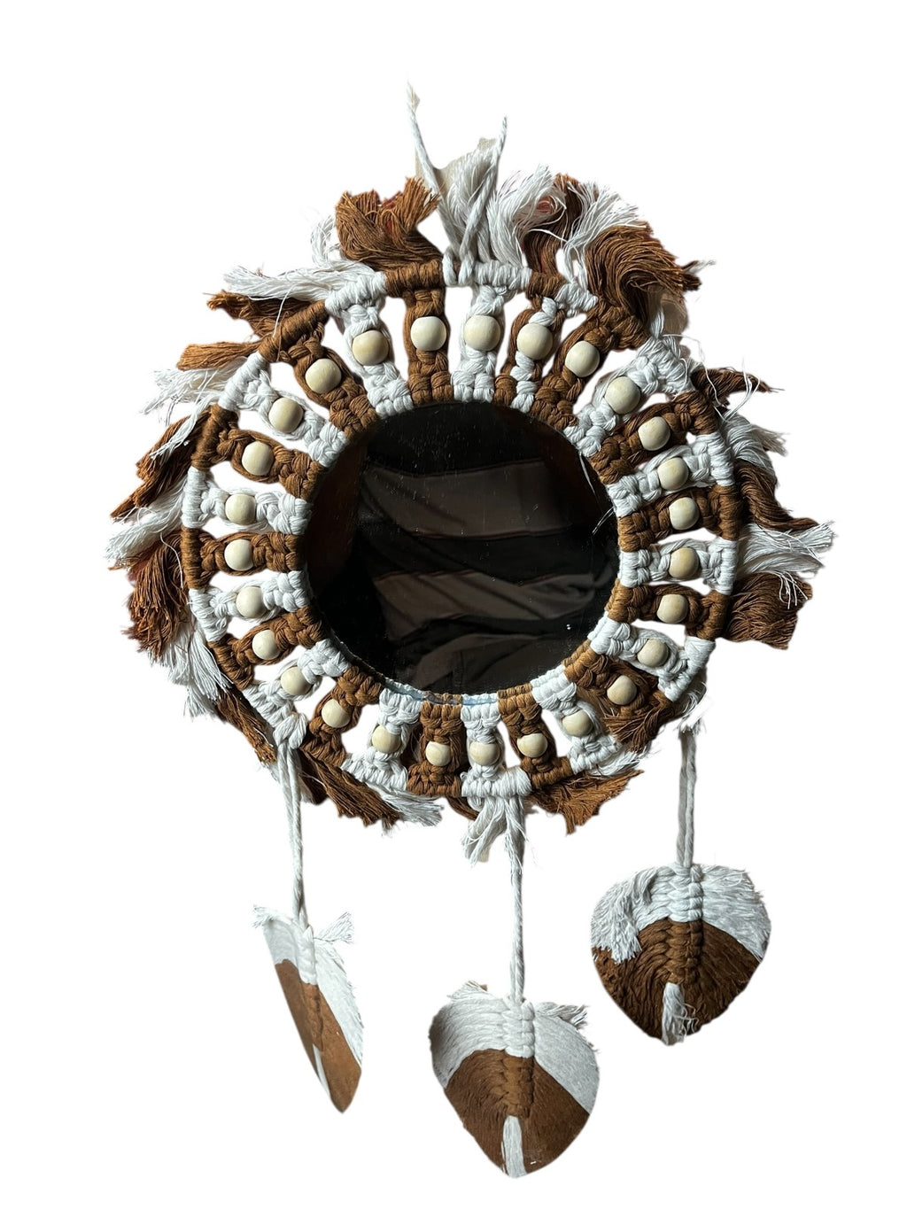Espejo Redondo Decorativo con Marco de Macramé y Plumas - Estilo Boho
