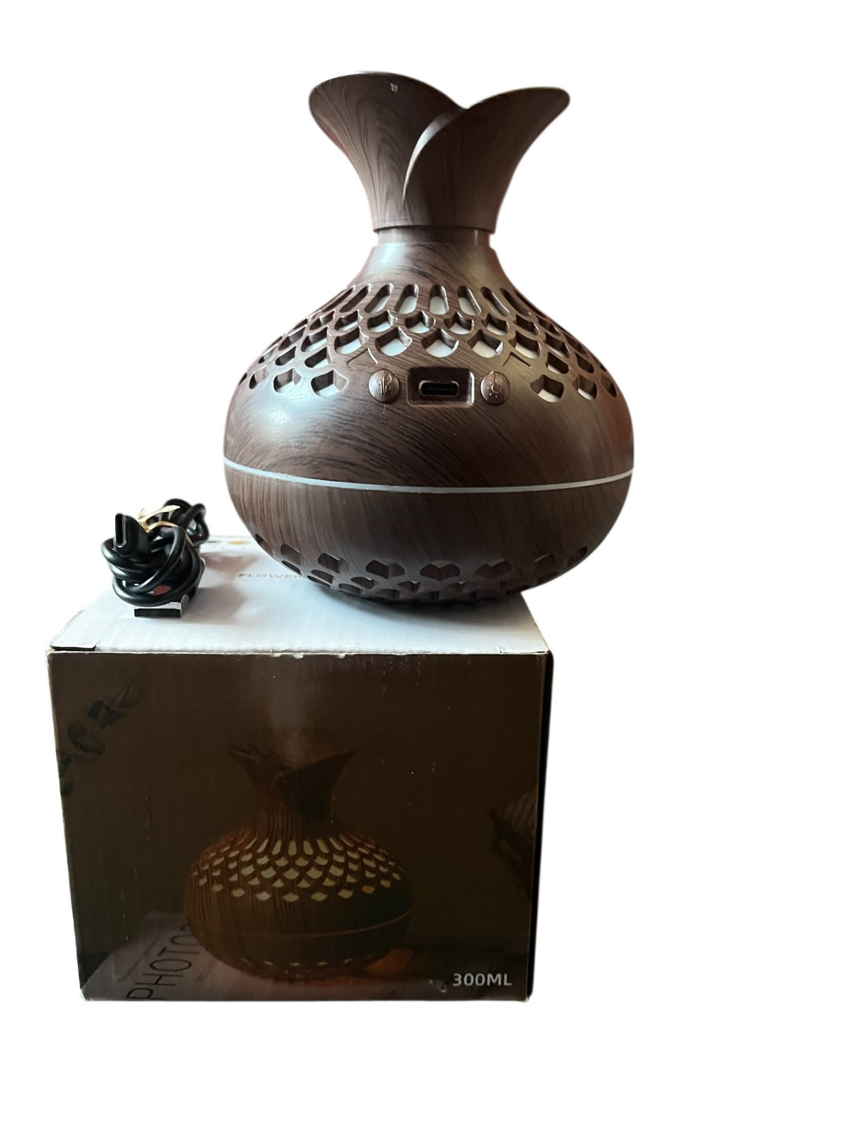 Humidificador Ultrasónico de Aromaterapia 300ml - Diseño Florero Madera
