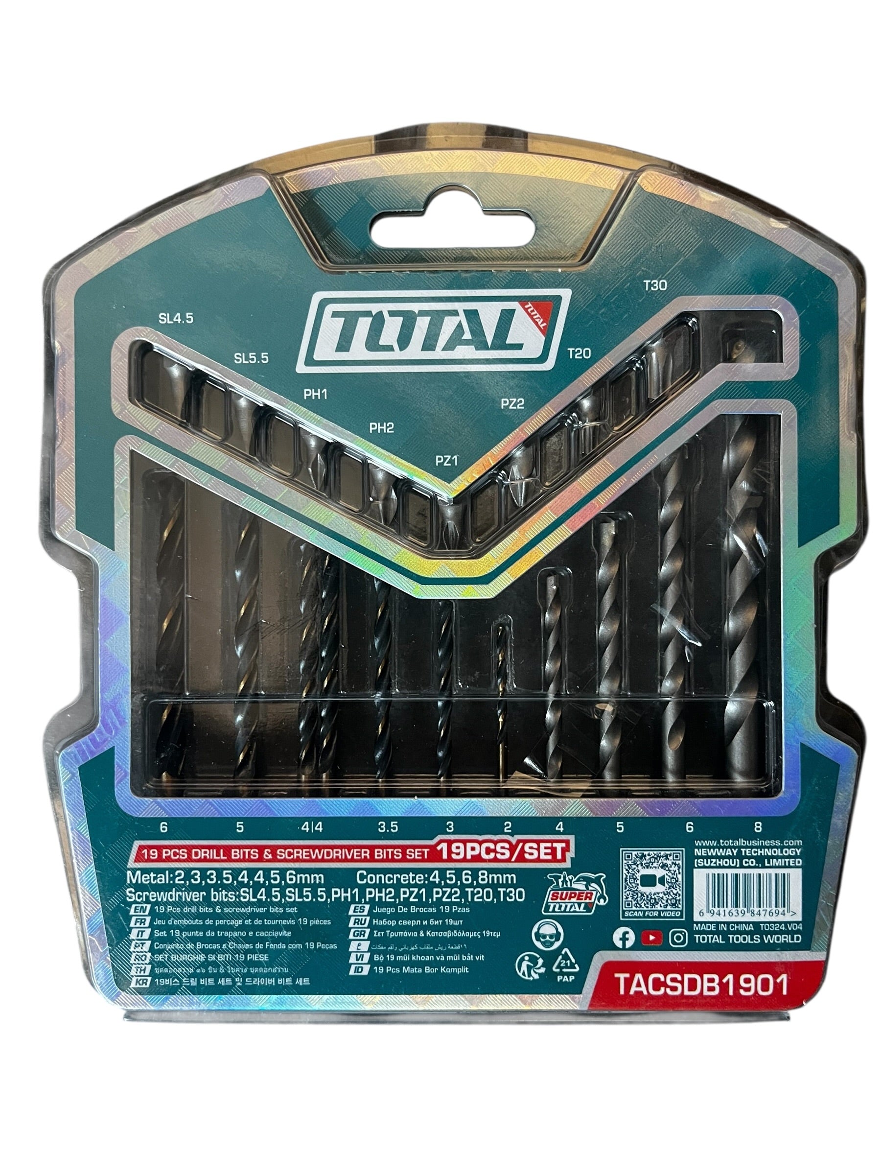 Set Brocas y Puntas TOTAL 19 Piezas – Metal, Concreto y Destornillador TACSDB1901