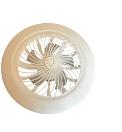 Ventilador con iluminación donde se visualiza la salida del viento a traves de la rejilla 