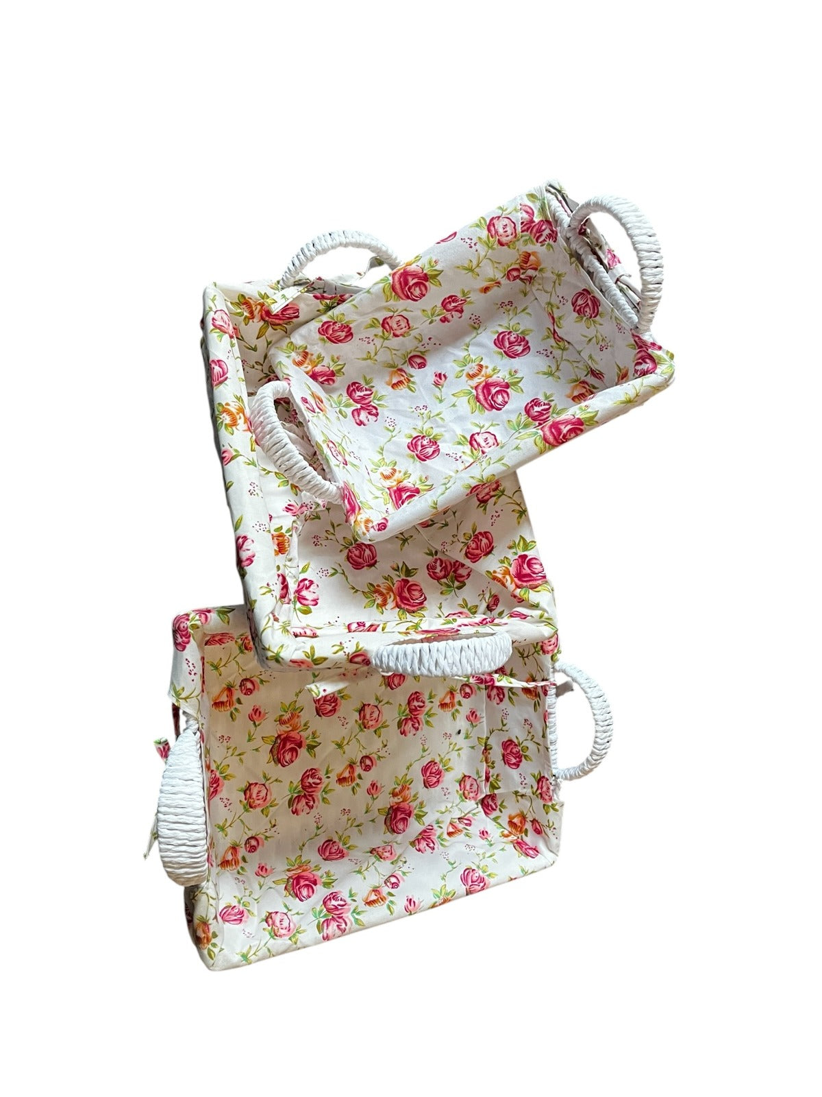 Set de 3 Canastos de Mimbre Blanco con Forro Floral - Diseño Rosas