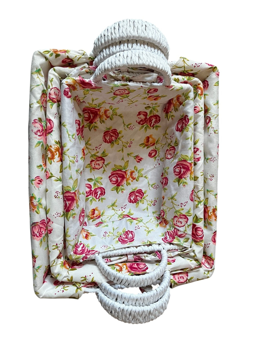 Set de 3 Canastos de Mimbre Blanco con Forro Floral - Diseño Rosas