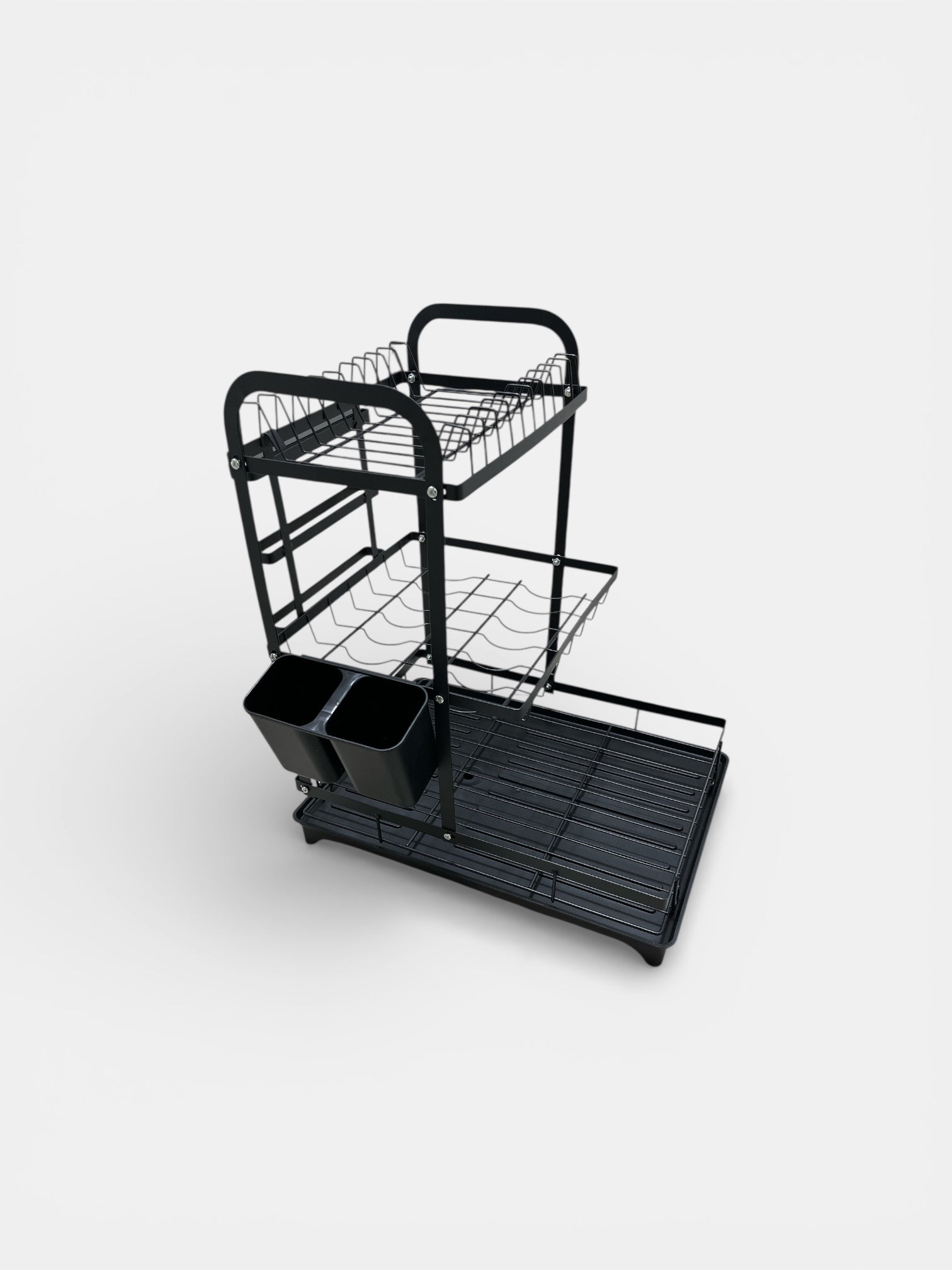 Vista perfil Escurridor de Platos 3 Niveles con Bandeja de Goteo - Organizador de Cocina Negro