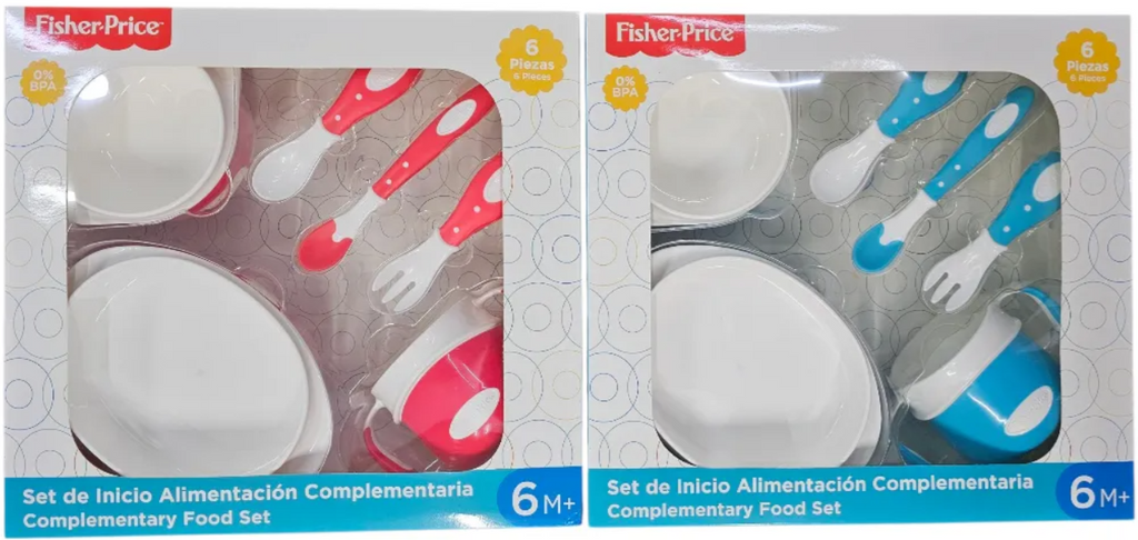 Set de utensilios para comida de bebé, color celeste y rojo