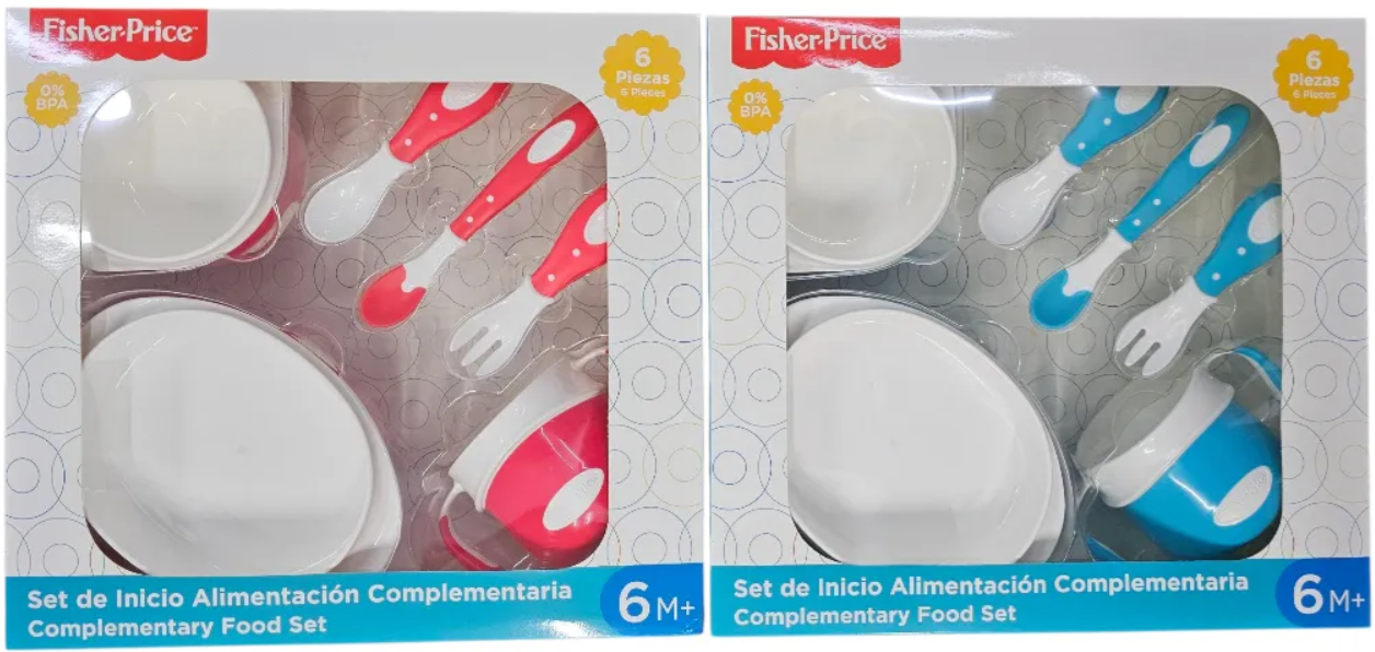 Set de utensilios para comida de bebé, color celeste y rojo