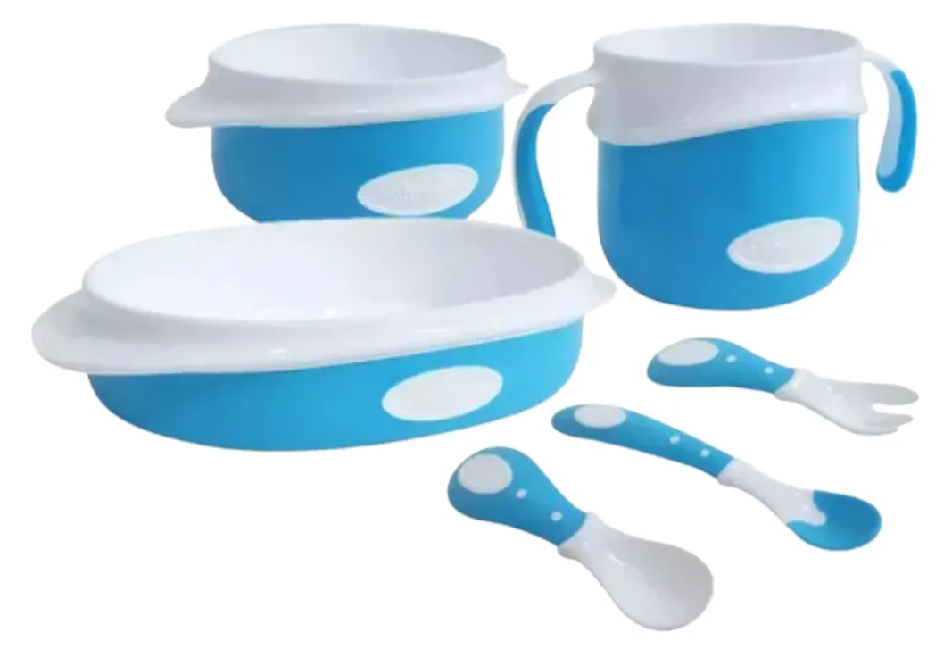 Set de utensilios para comida de bebé color celeste
