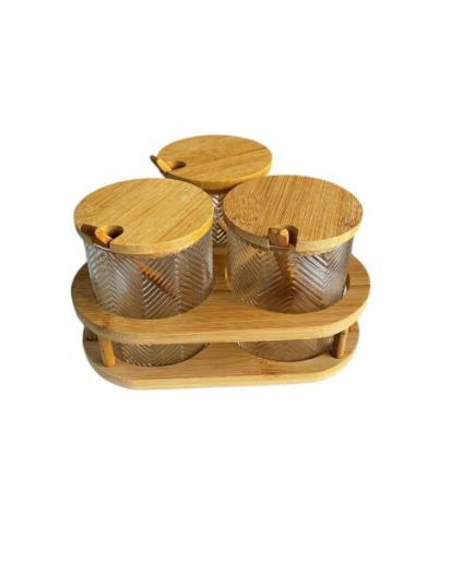 Trío de Especieros de Vidrio con Tapas de Bambú y Bandeja - Set de 3 Frascos con Cucharitas