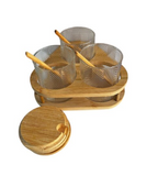 Trío de Especieros de Vidrio con Tapas de Bambú y Bandeja - Set de 3 Frascos con Cucharitas