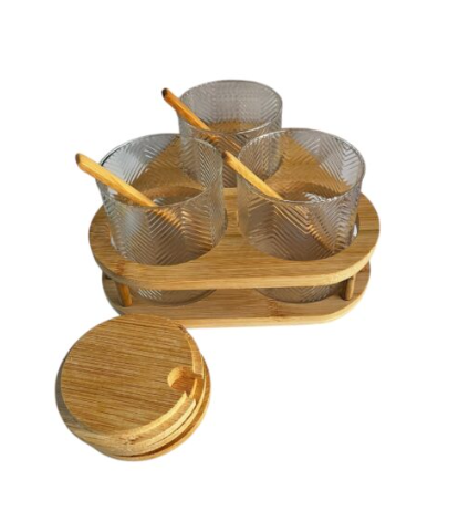 Trío de Especieros de Vidrio con Tapas de Bambú y Bandeja - Set de 3 Frascos con Cucharitas