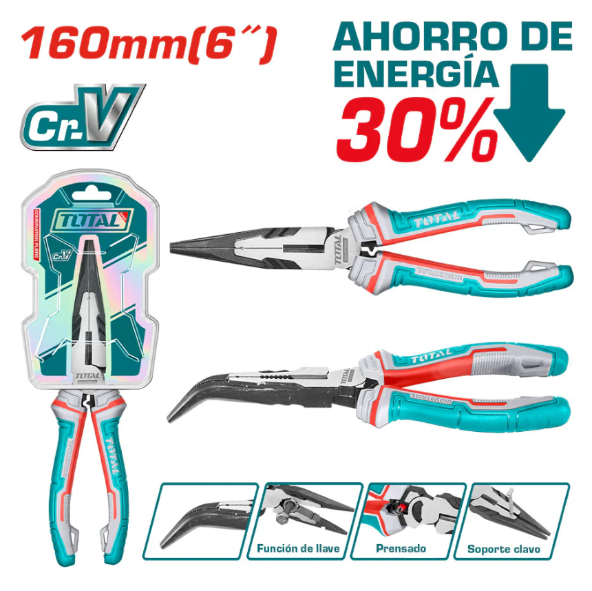Alicate de Punta Doblada TOTAL CrV 160mm (6") – Ahorro de Energía 30%
