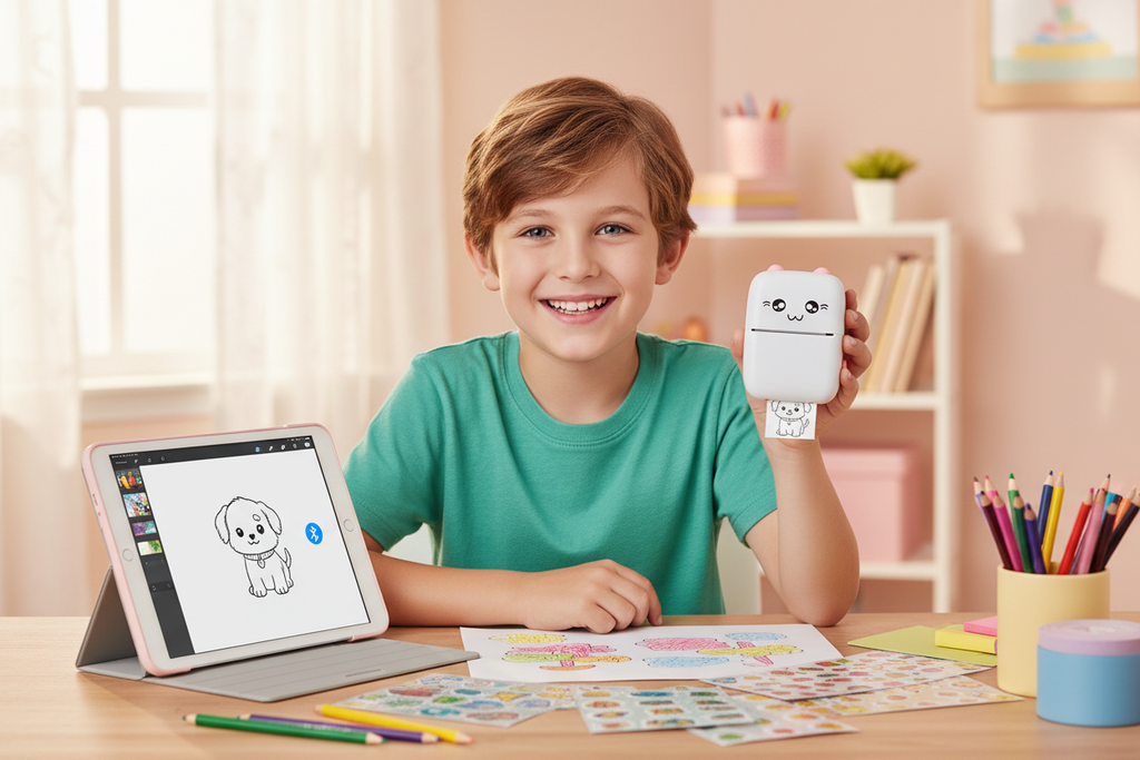 Niño usando mini impresora térmica kawaii imprimiendo stickers