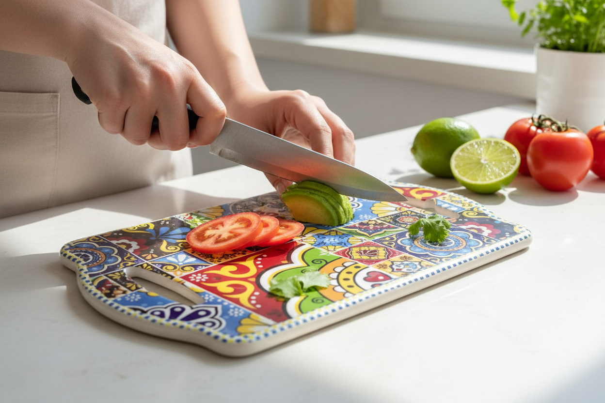 Tabla cerámica talavera 22cm cortando verduras en cocina