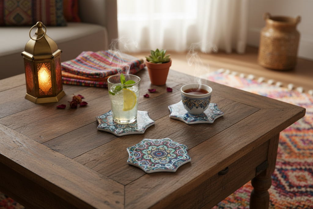 Posavasos mosaico marroquí en uso sobre mesa con bebidas