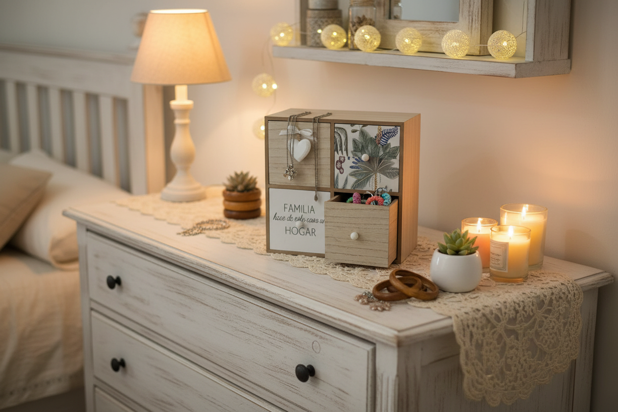 Caja organizadora decorando dormitorio guardando joyas y accesorios