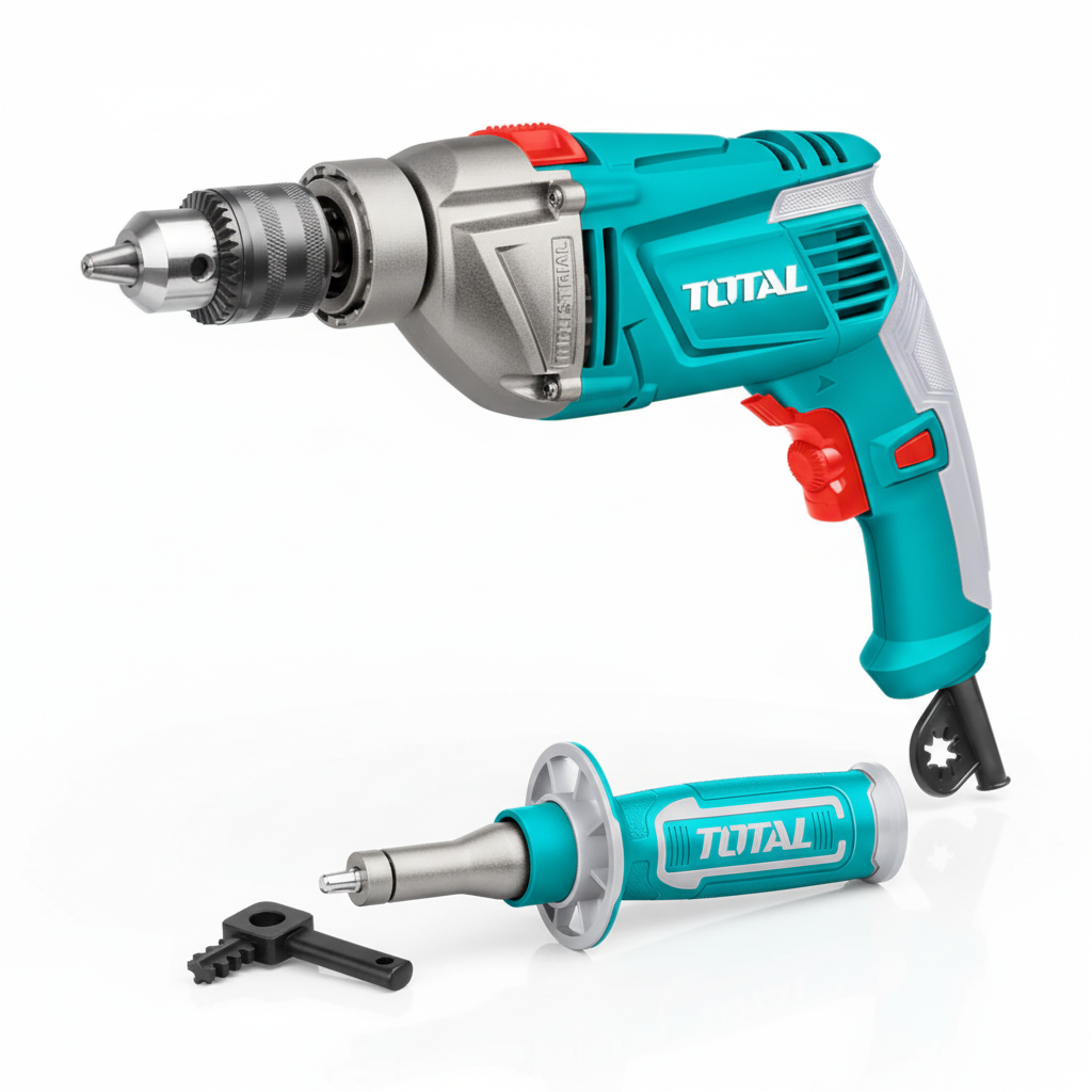 Taladro de Impacto TOTAL Industrial 1010W vista completa con accesorios