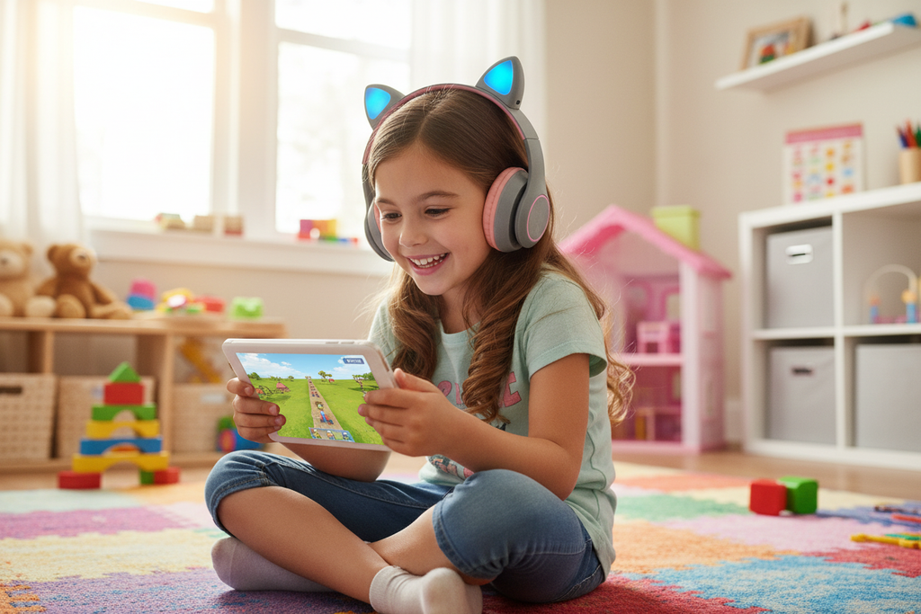 Niña jugando tablet con audífonos orejas de gato LED