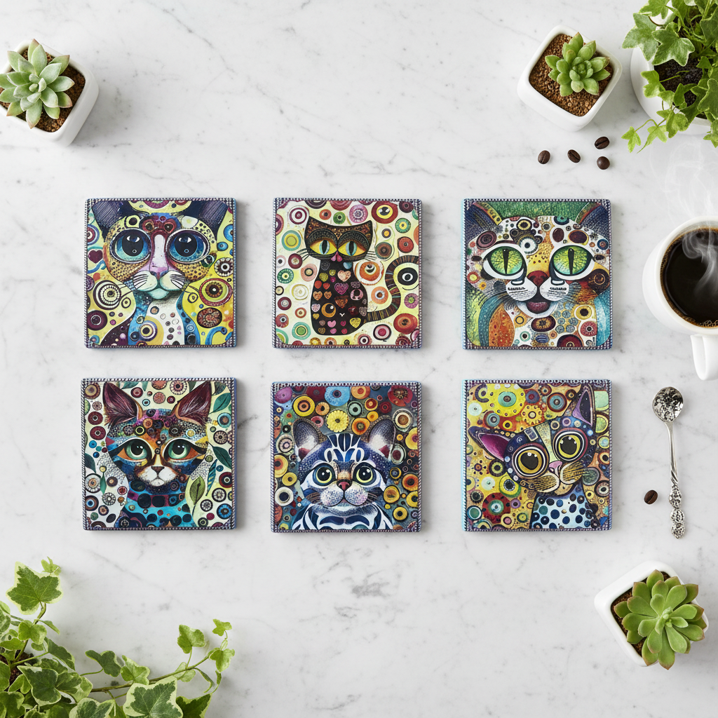 Flat lay de los 6 posavasos gato artístico sobre mármol blanco
