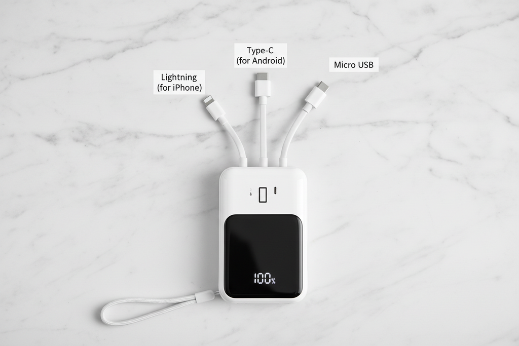 Power bank con 3 cables integrados Lightning Type-C y Micro USB extendidos