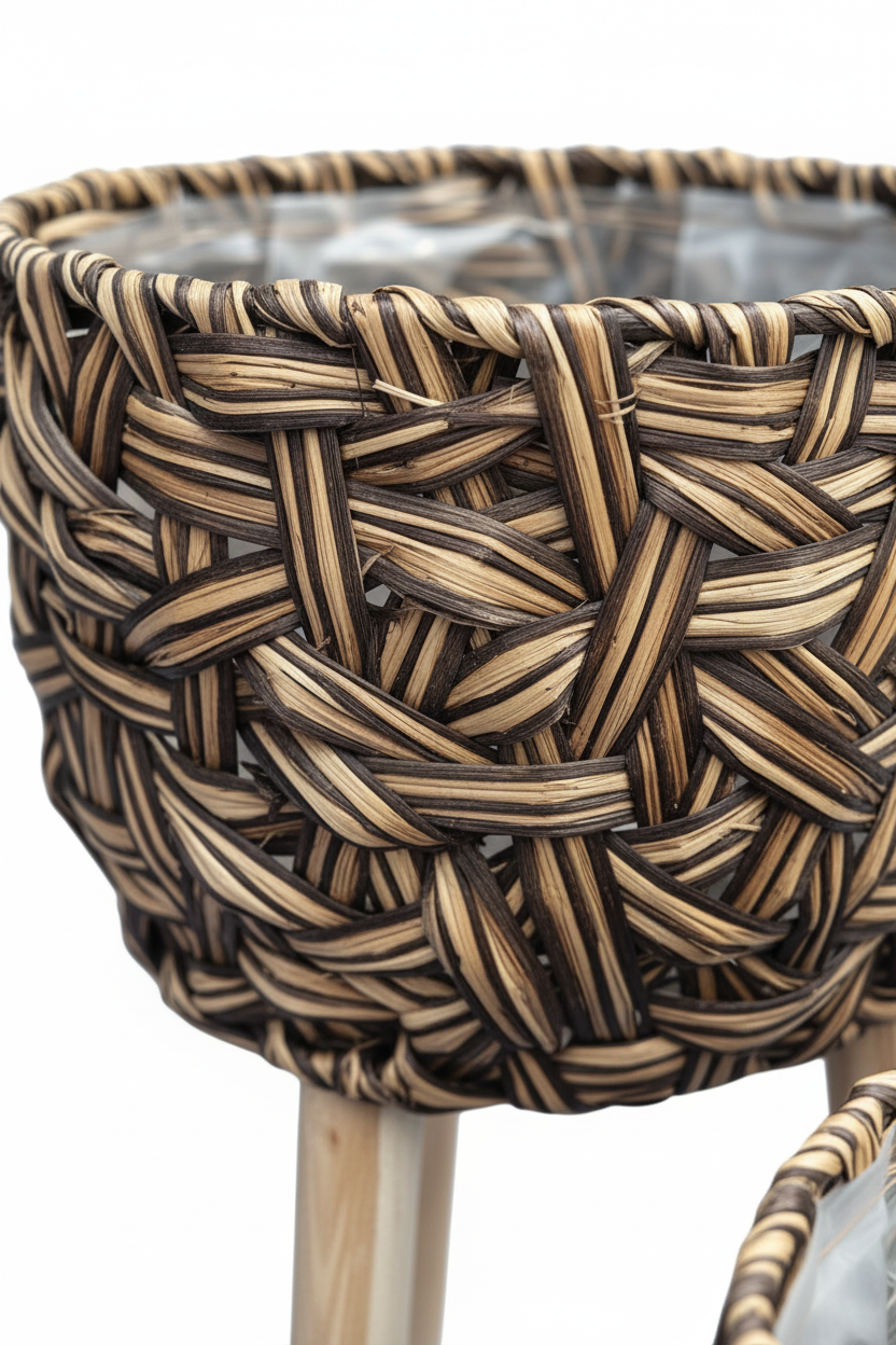 Detalle del tejido artesanal de ratan y patas de madera
