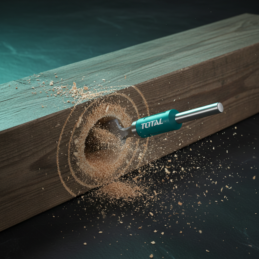 Broca mecha plana 38mm TOTAL perforando viga de madera para paso de tubería