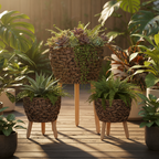Maceteros de ratán con patas de madera en deck de jardín con luz dorada