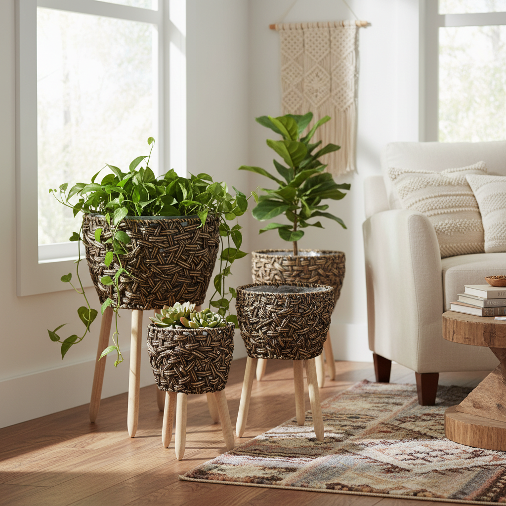 Set 3 maceteros de ratán con patas de madera en rincón de living con decoración boho