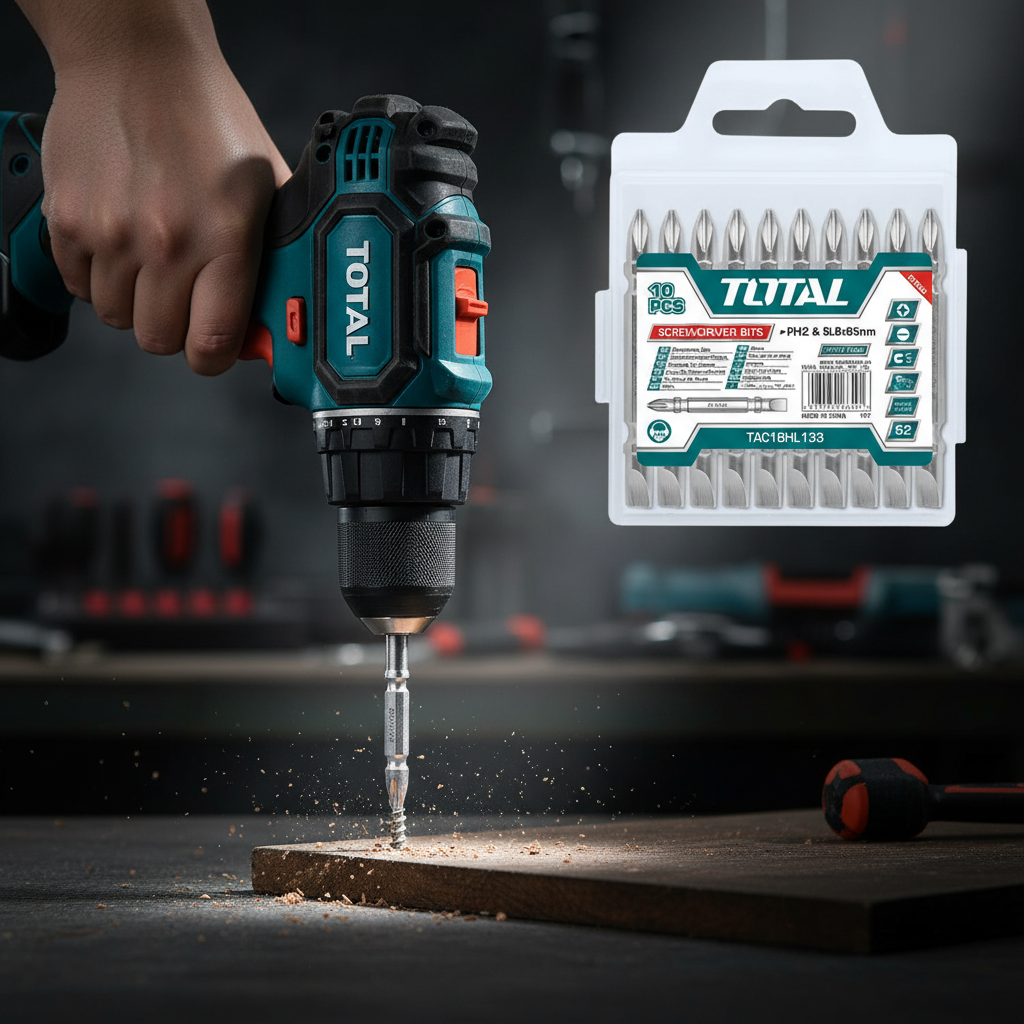 Punta PH2 en taladro atornillando tornillo Phillips en madera