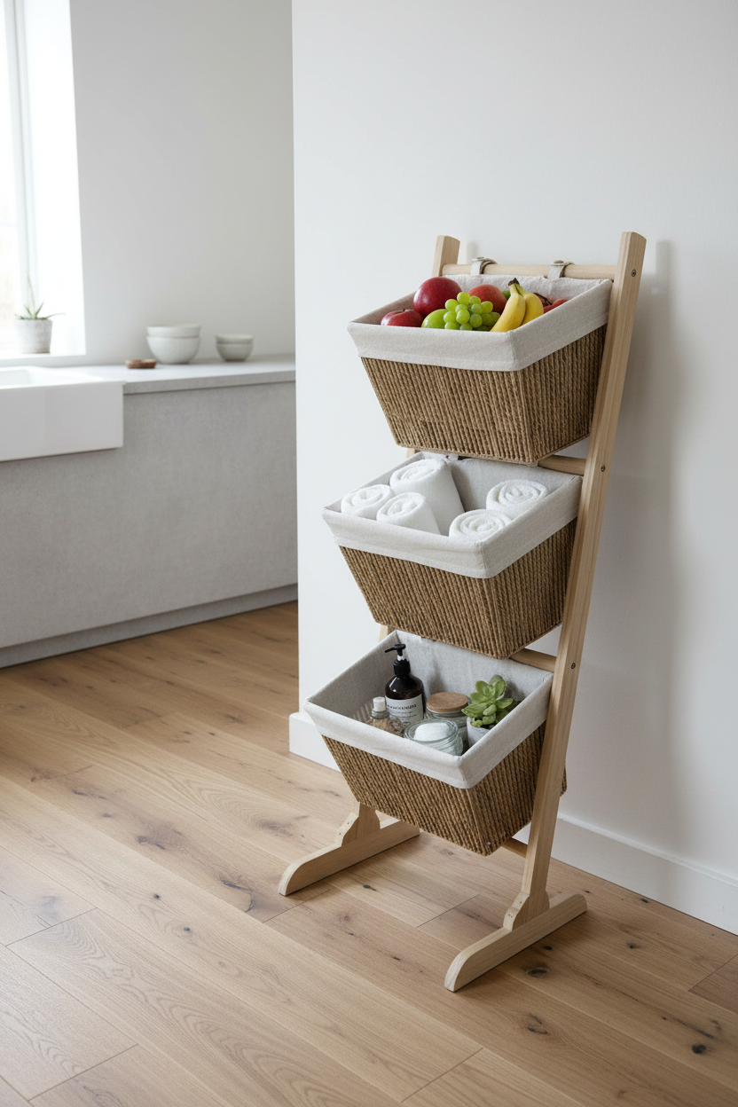 Organizador escalera en cocina o baño con productos almacenados