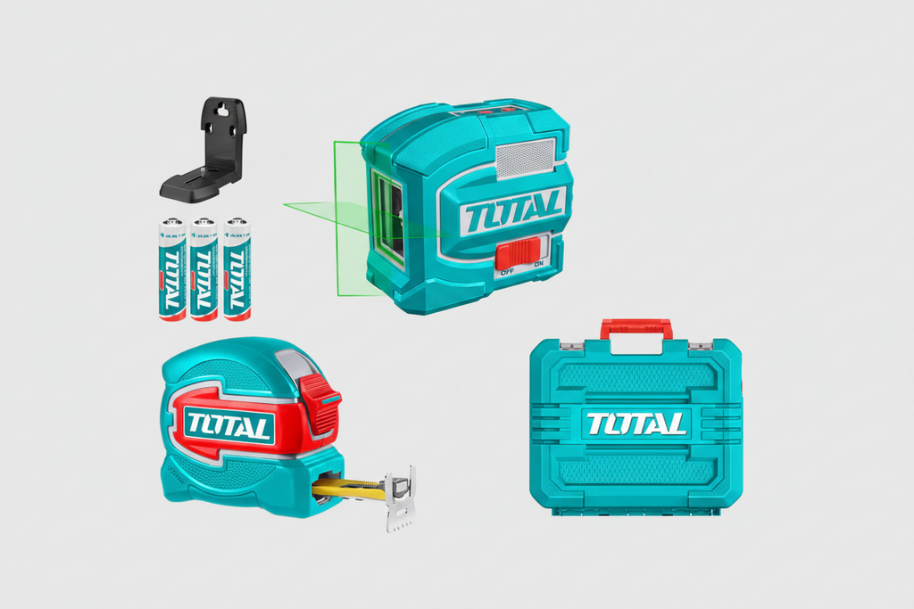 Vista completa del kit nivel láser y huincha TOTAL con todos sus accesorios