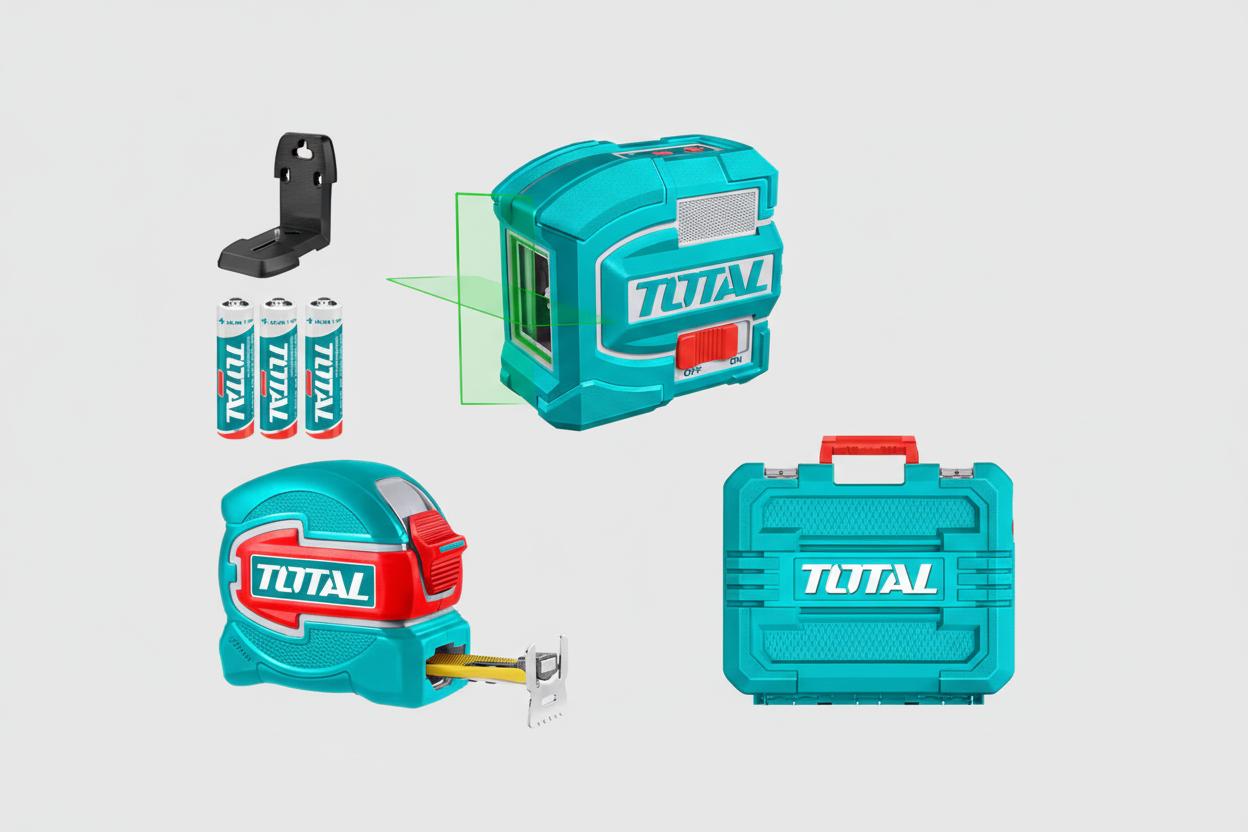 Vista completa del kit nivel láser y huincha TOTAL con todos sus accesorios