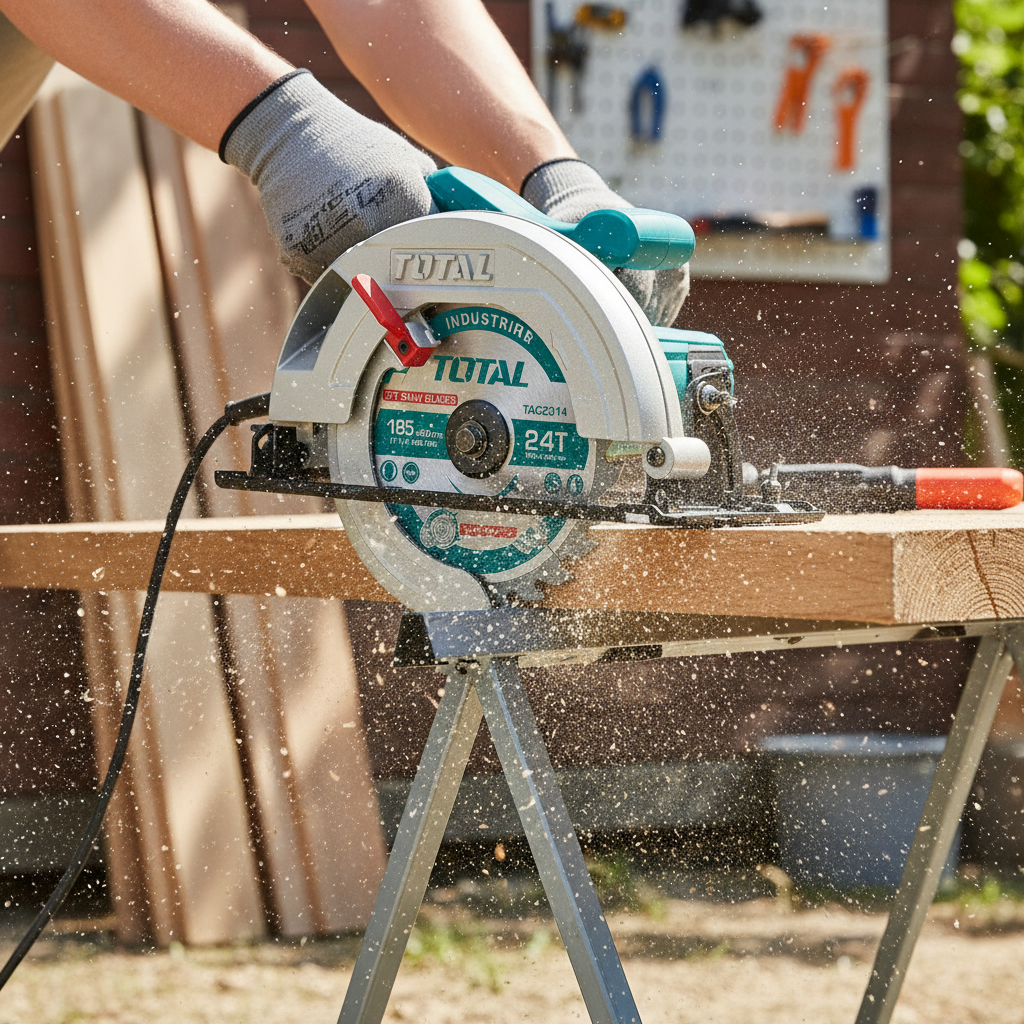 Sierra circular eléctrica TOTAL 1400W 185mm 24T cortando tabla de madera al aire libre