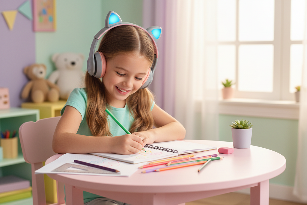 Niña haciendo tareas con audífonos orejas de gato LED azul