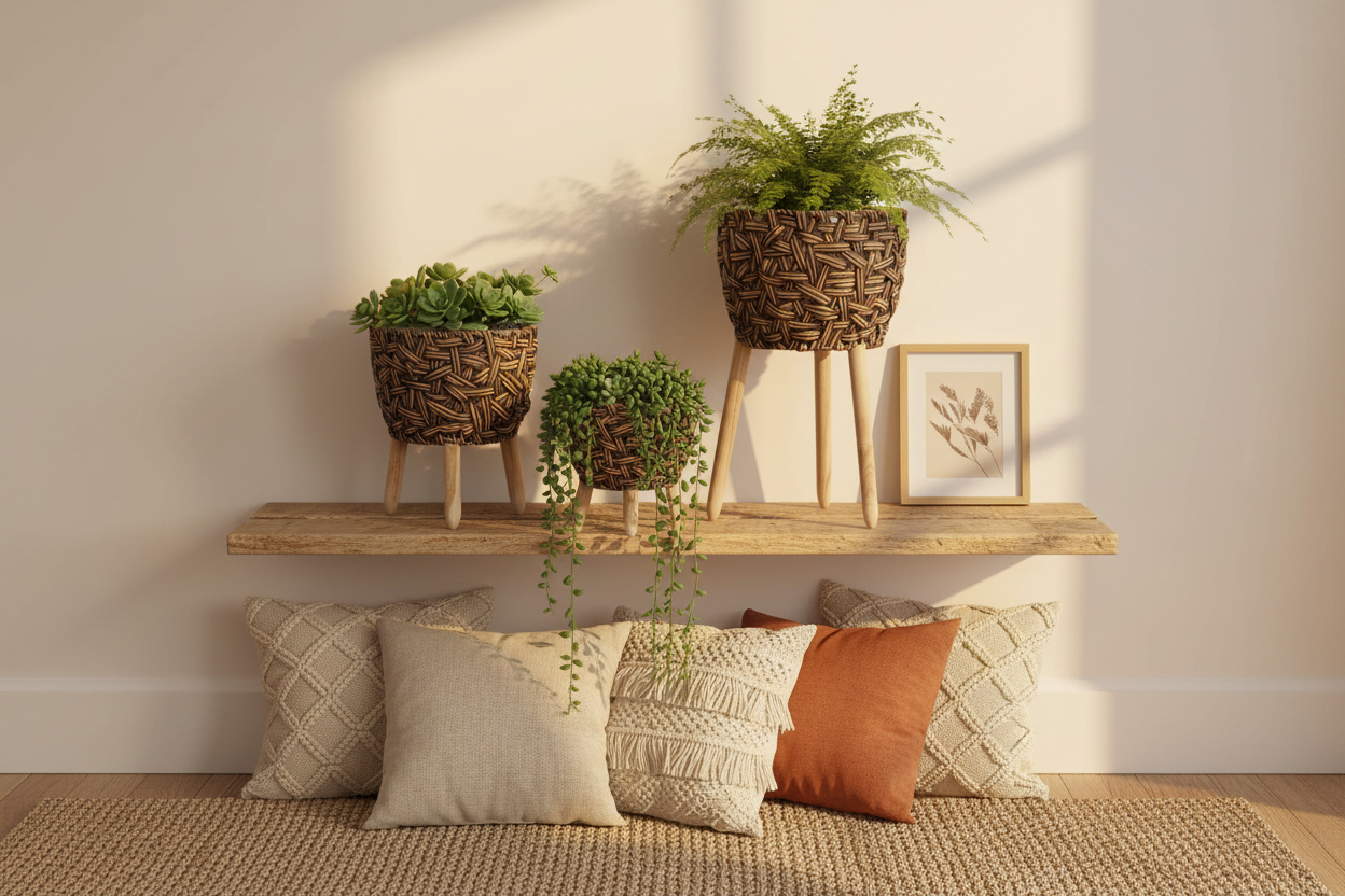 Macetas de mimbre decoradas con plantas en ambiente hogareño