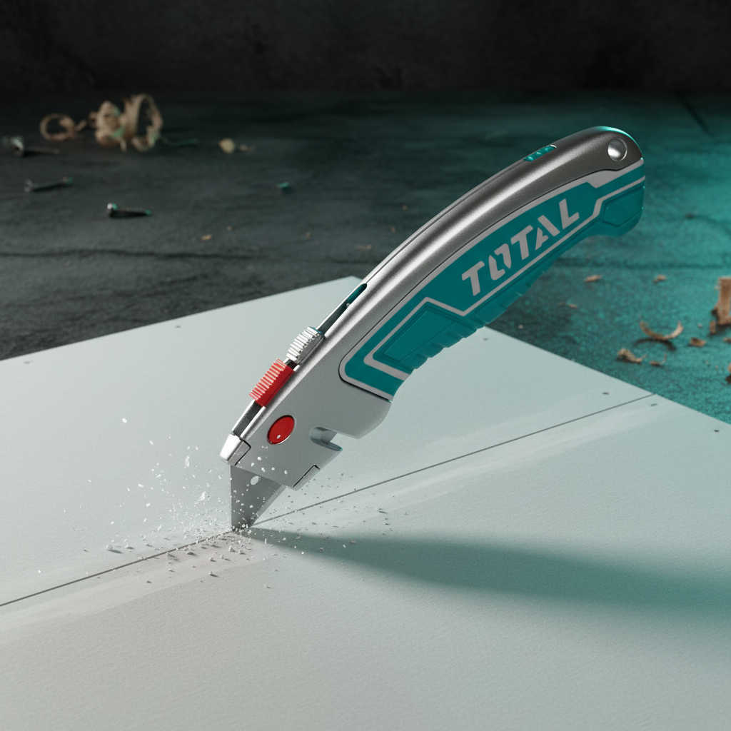 Cortando placa de yeso en obra con cuchillo TOTAL