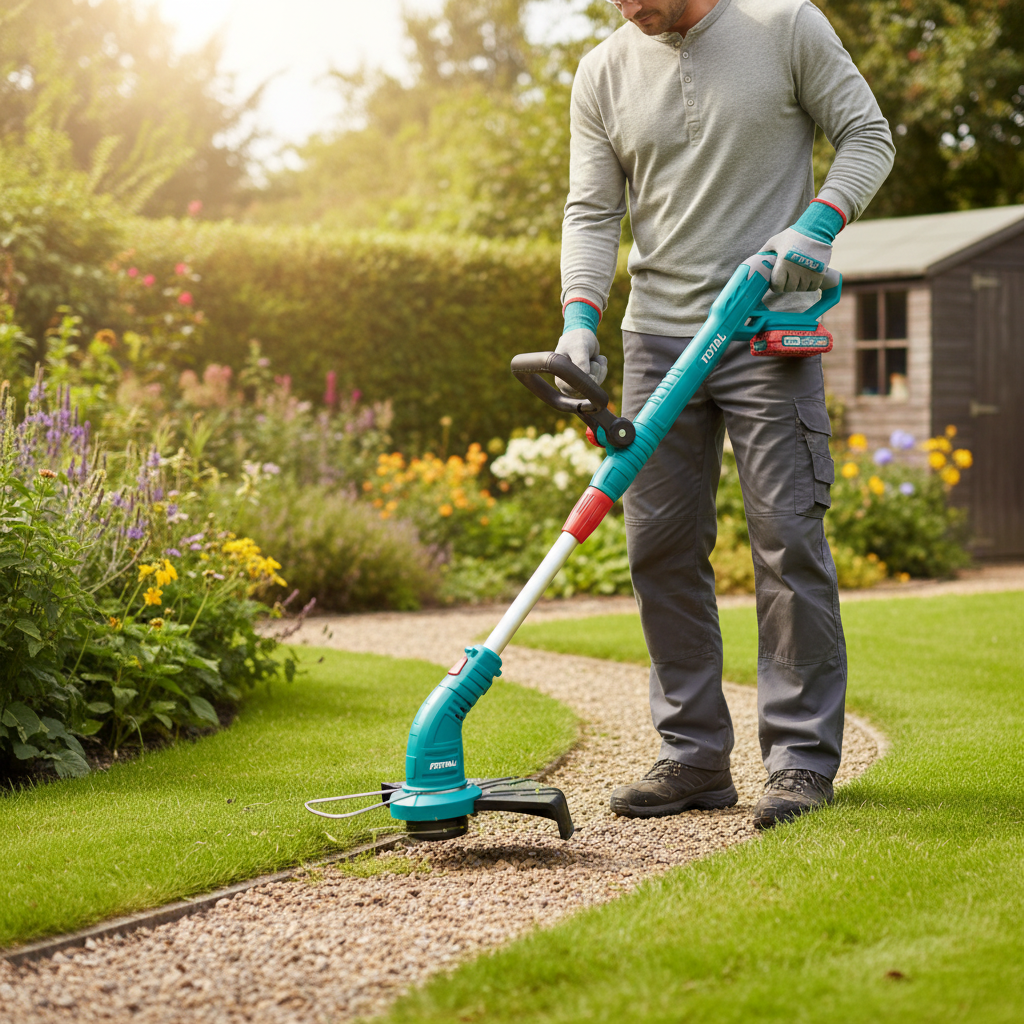 Orilladora inalámbrica TOTAL P20S 20V en funcionamiento cortando césped en jardín