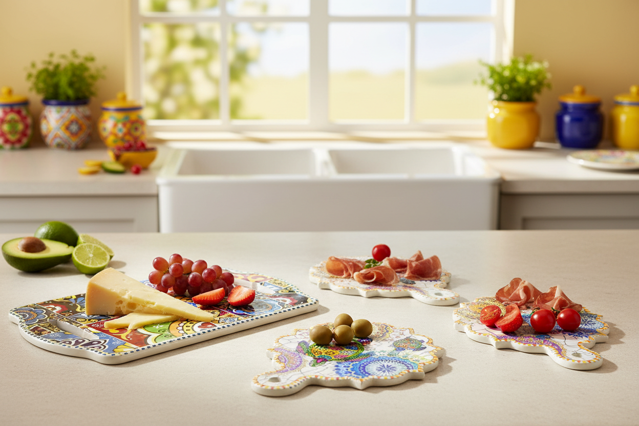 Tablas cerámica talavera en cocina sirviendo frutas quesos aperitivos