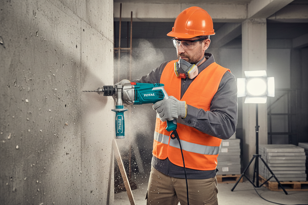 Trabajador usando Taladro de Impacto TOTAL en pared de concreto