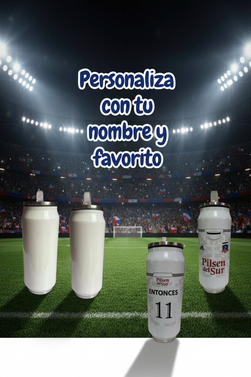 Jarros térmicos personalizados con fondo de estadio futbolero