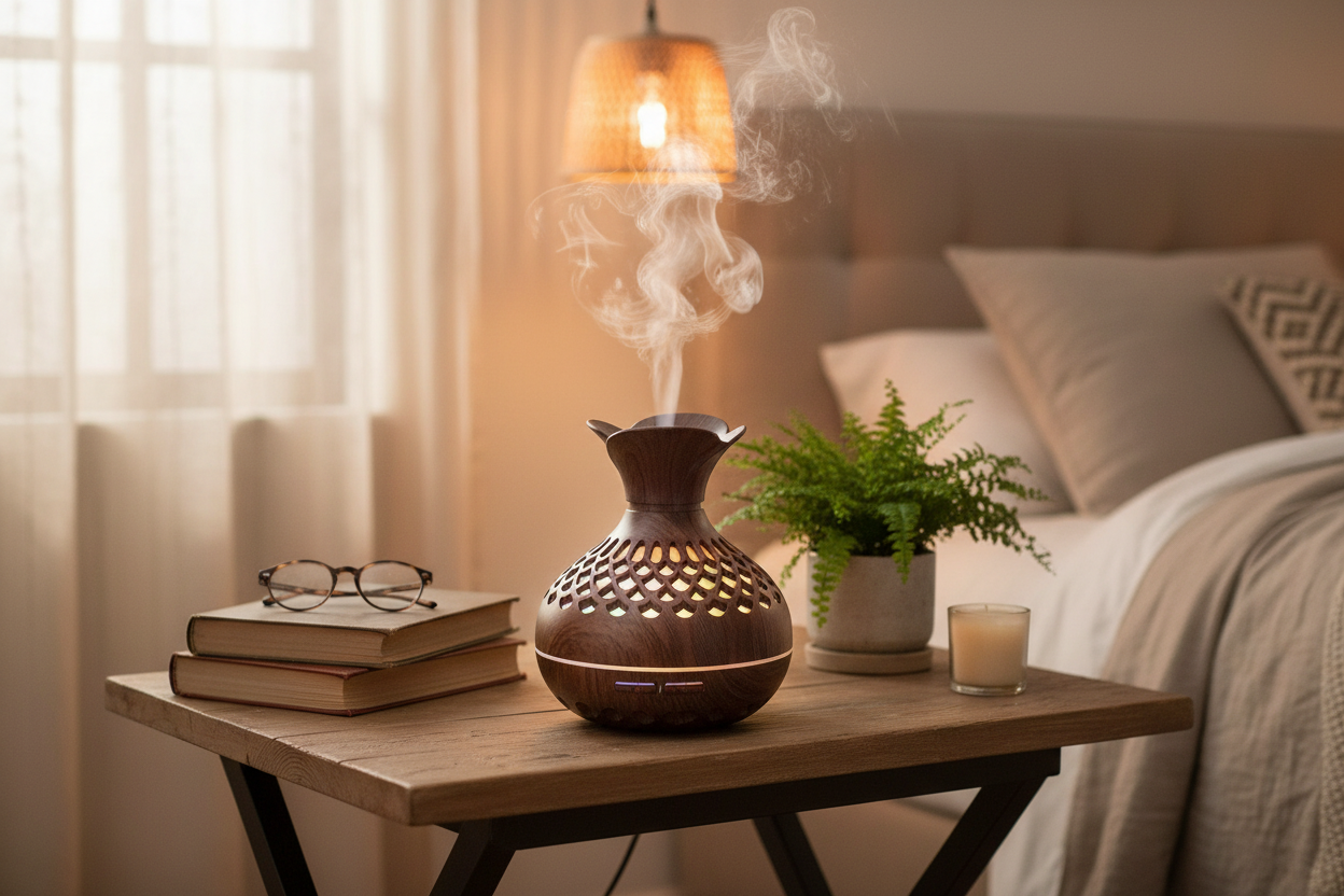 Humidificador ultrasónico en uso creando ambiente relajante con vapor y luces