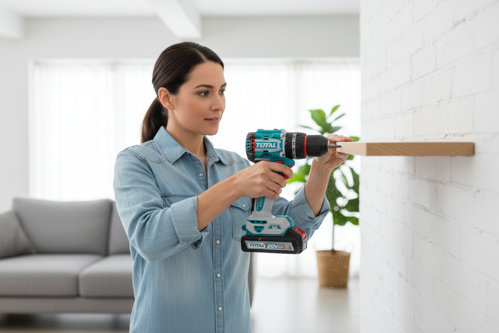 Persona usando Taladro TOTAL 20V Brushless en el hogar