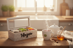 Caja organizadora de té madera abierta con 3 compartimentos en cocina acogedora