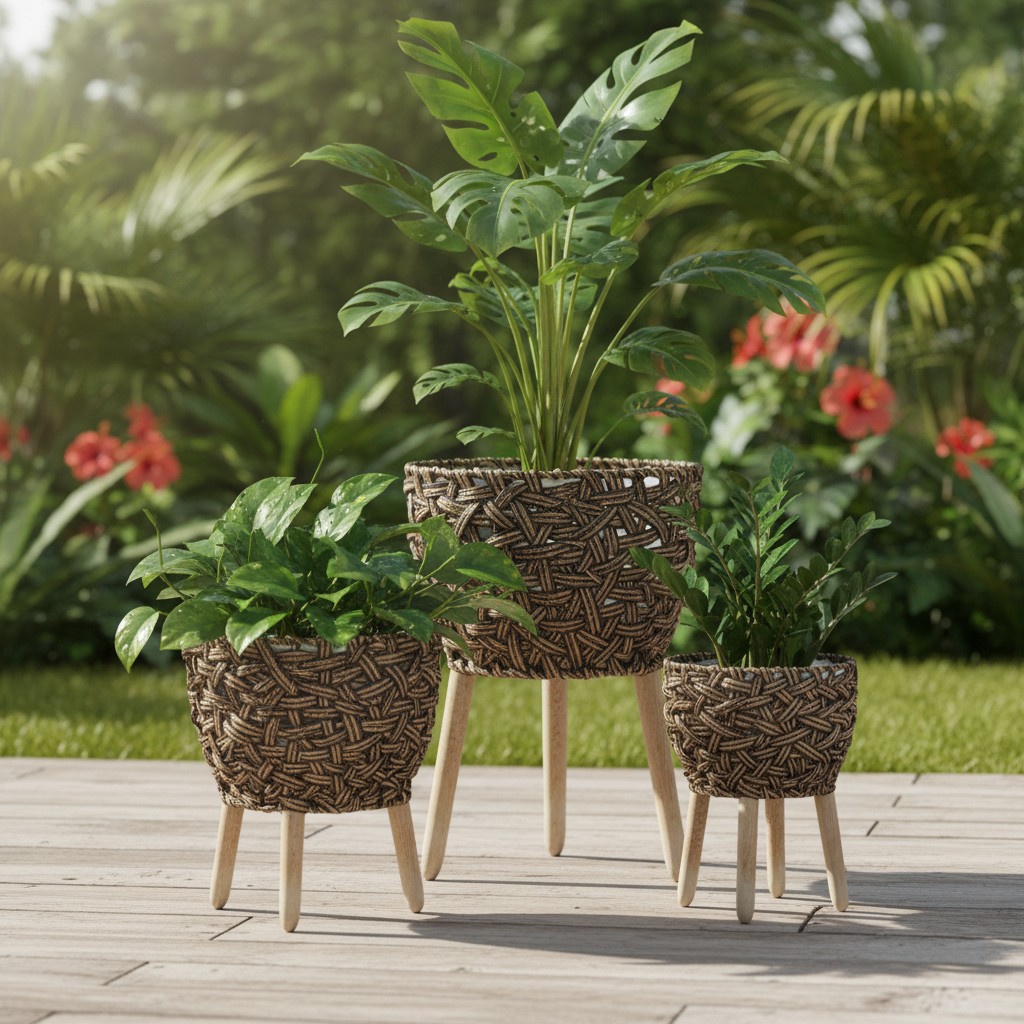 Set 3 maceteros de ratán con patas de madera en terraza exterior con plantas tropicales